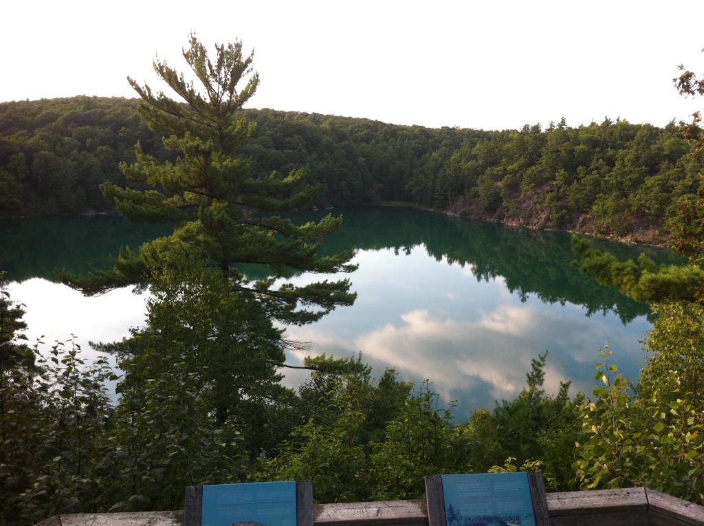 Lookout platform over Pink Lake, Gatineau Park. My own photo, August 2012.