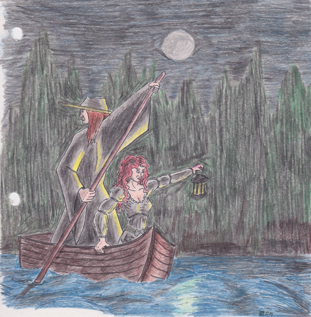 Two of my old D&D characters, punting on a creepy river